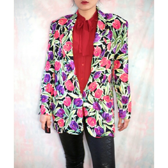 VTG Norton McNaughton Blazer Women Open Front tulip Floral Jacket Shoulder Pad - Picture 2 of 9